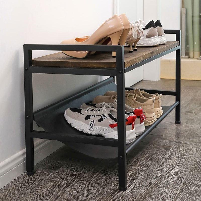 INDIAN DECOR INDIAN DECOR 45479 Shoe Storage Bench with Fabric Shelf Rack for Entryway Hall Mudroom Closet Compact 2Tier Organizer Unit for Wedges Flats Sneakers Wood Top Sturdy Metal Frame Black - Image 4