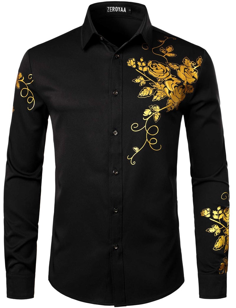 ZEROYAA Men's Hipster Rose Floral Printed Slim Fit Long Sleeve Button Up Party Dress Shirts ZZCL63 Black Gold X Large - Image 1