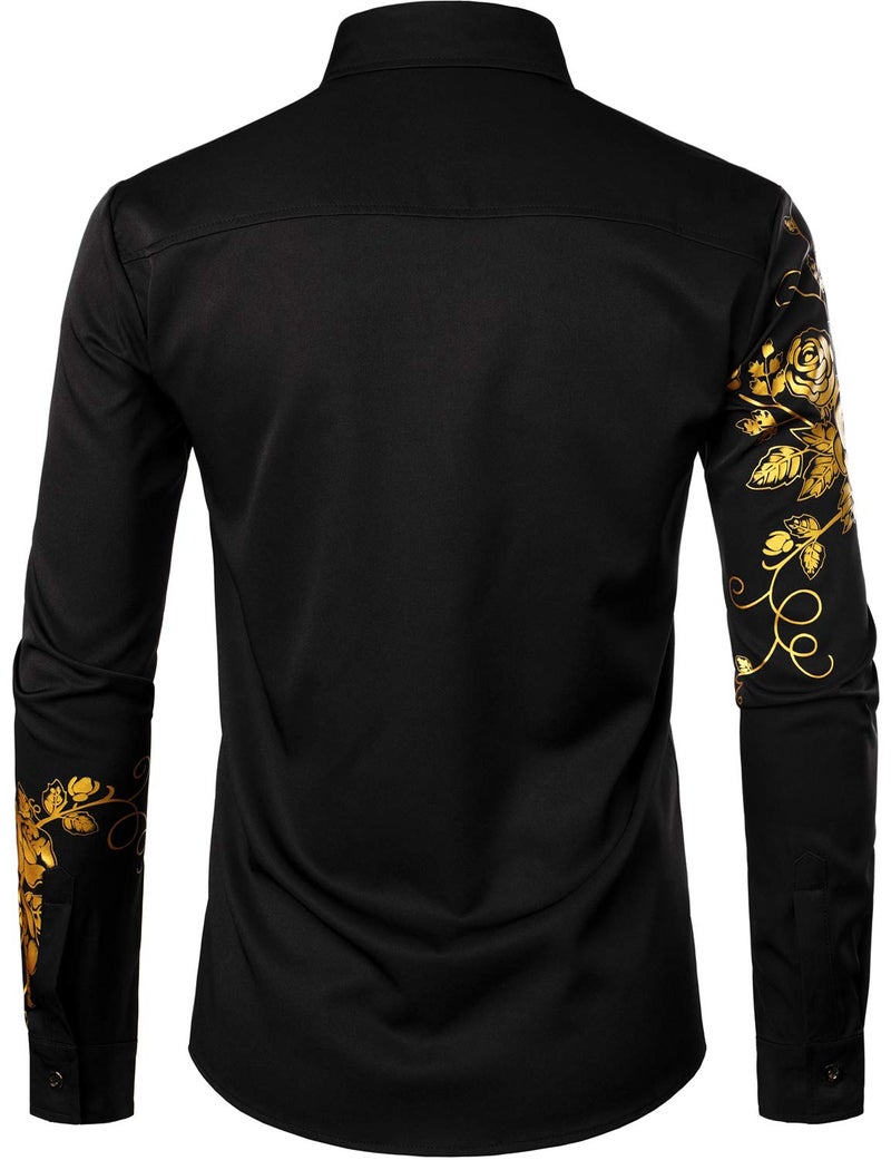 ZEROYAA Men's Hipster Rose Floral Printed Slim Fit Long Sleeve Button Up Party Dress Shirts ZZCL63 Black Gold X Large - Image 3