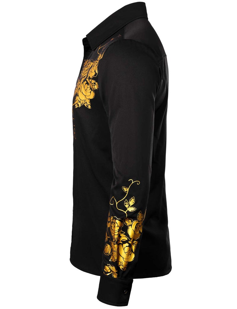 ZEROYAA Men's Hipster Rose Floral Printed Slim Fit Long Sleeve Button Up Party Dress Shirts ZZCL63 Black Gold X Large - Image 2