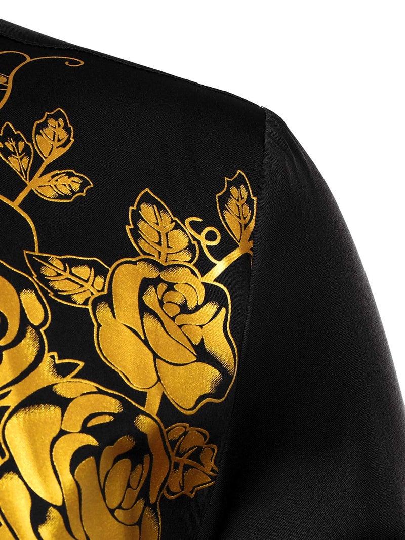 ZEROYAA Men's Hipster Rose Floral Printed Slim Fit Long Sleeve Button Up Party Dress Shirts ZZCL63 Black Gold X Large - Image 4