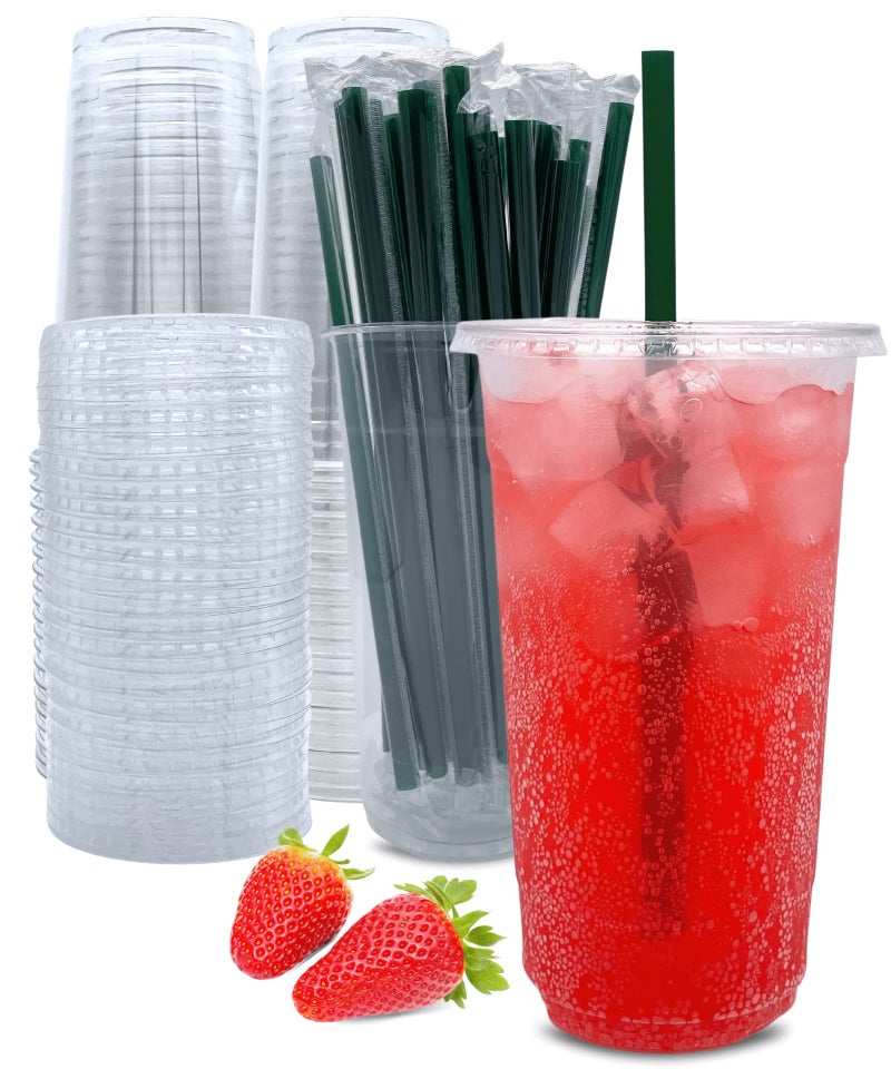 32 oz Clear Plastic Cups with Lids and Straws Disposable Coffee Cups 25 Sets
