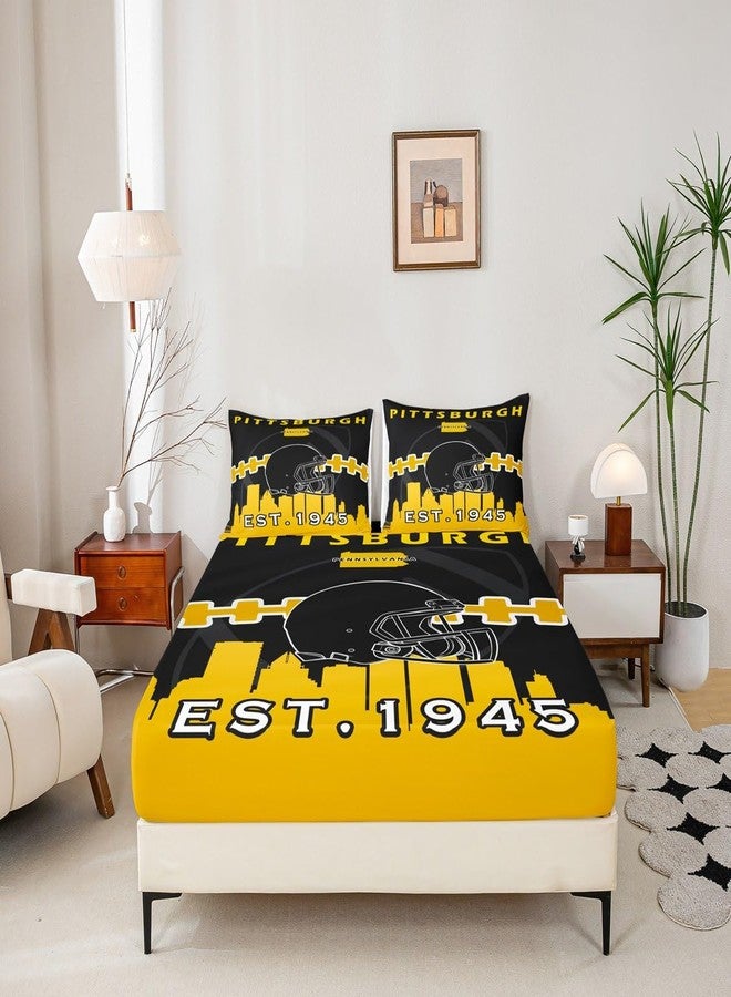 Erosebridal Boys Sports Fitted Sheet Twin Size,Football Helmet Bed Sheets,Blue Gray Rugby Bed Set,American Football Bedding Set with 1 Pillowcase,Yellow Black(Pittsburgh) - Image 2