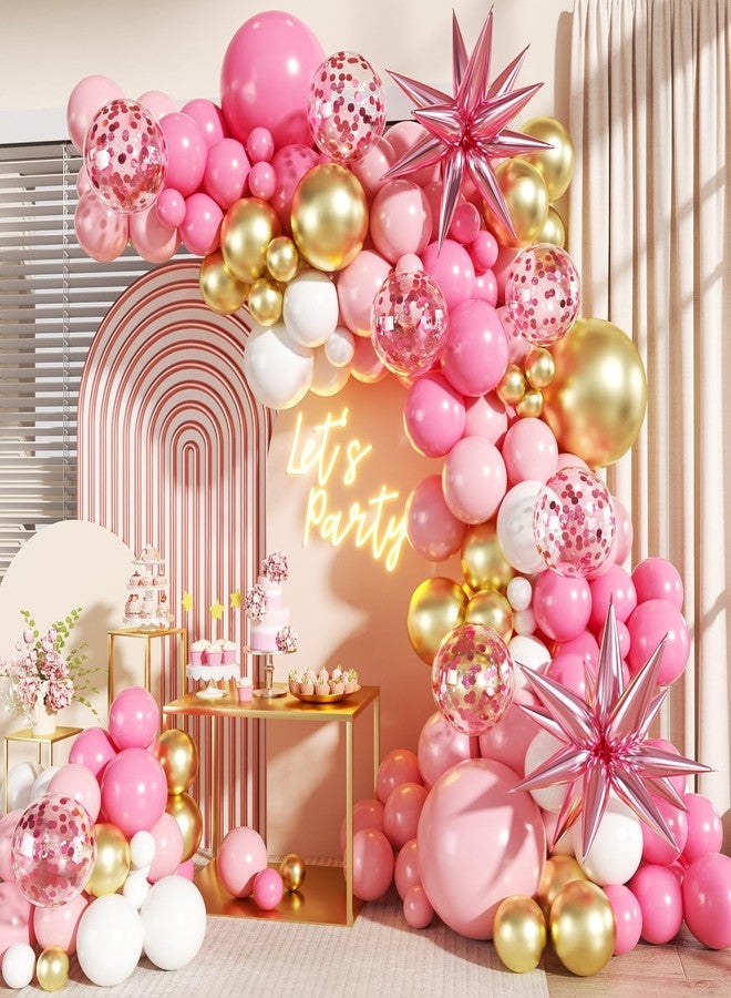 LANGASQUE Pink White Gold Balloon Garland Arch Kit, 140Pcs Hot Pastel Pink Gold White Confetti Balloons With Stars for Birthday Wedding Birdal Shower Gender Reveal Graduation Party Decorations - Image 1