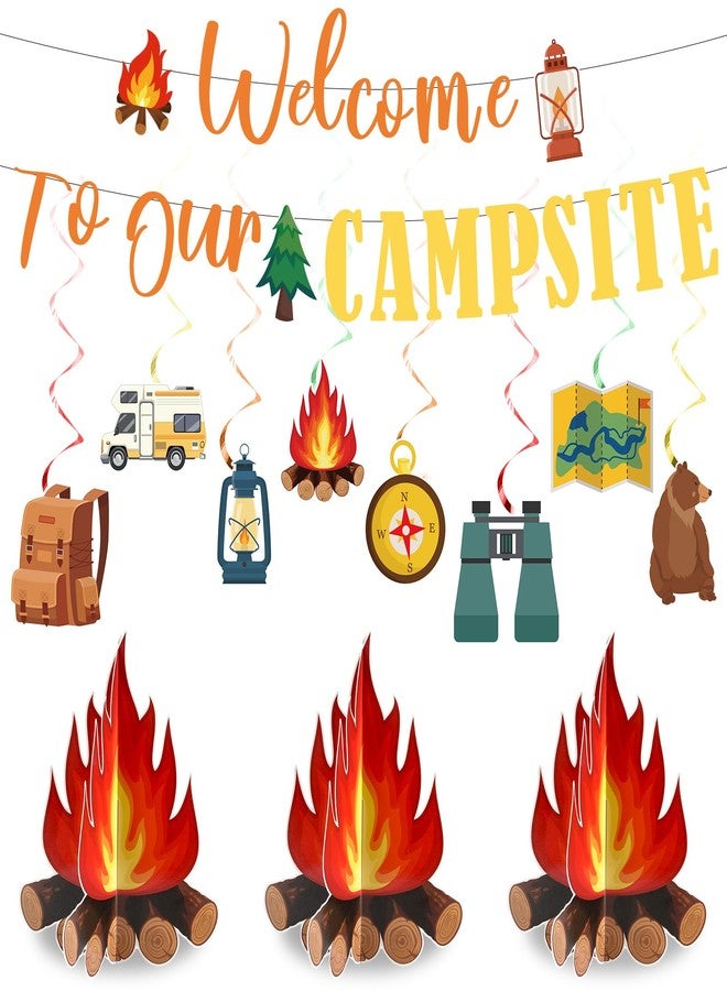 Justforjoyful 13 قطعة من ديكورات حفلات Happy Camper ومغامرات التخييم والدوامات المعلقة، مرحبًا بكم في موقع التخييم، لافتة مركزية لمدفأة المخيم، موضوع التخييم، سقف VBS 2025، ديكور معسكر الأطفال، لوازم حفلات أعياد الميلاد - Image 1