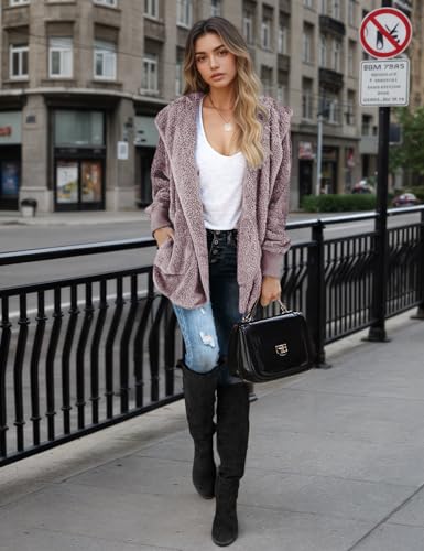 Zilcremo Women Hooded Cardigan Fuzzy Jackets Winter Open Front Fleece Coat Outwear with Pockets Purplish Brown S - Image 5