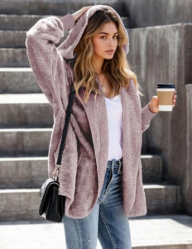 Zilcremo Women Hooded Cardigan Fuzzy Jackets Winter Open Front Fleece Coat Outwear with Pockets Purplish Brown S - Image 2