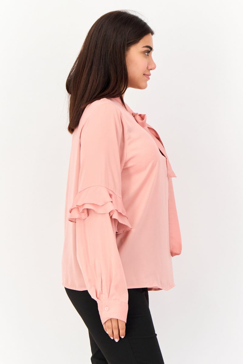 KOTON بلوزة نسائية بأكمام طويلة ورقبة مربوطة، وردي - Image 3