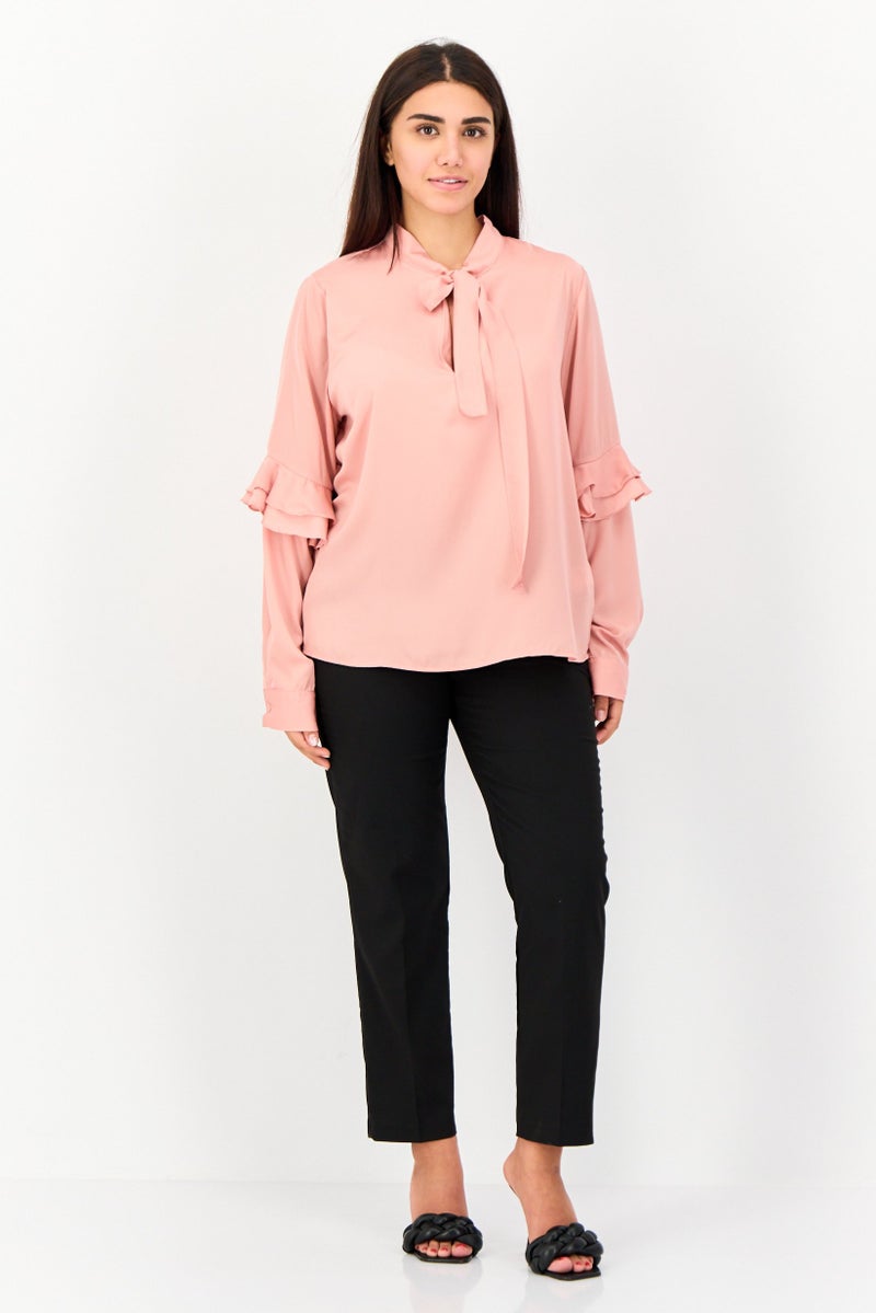 KOTON بلوزة نسائية بأكمام طويلة ورقبة مربوطة، وردي - Image 4