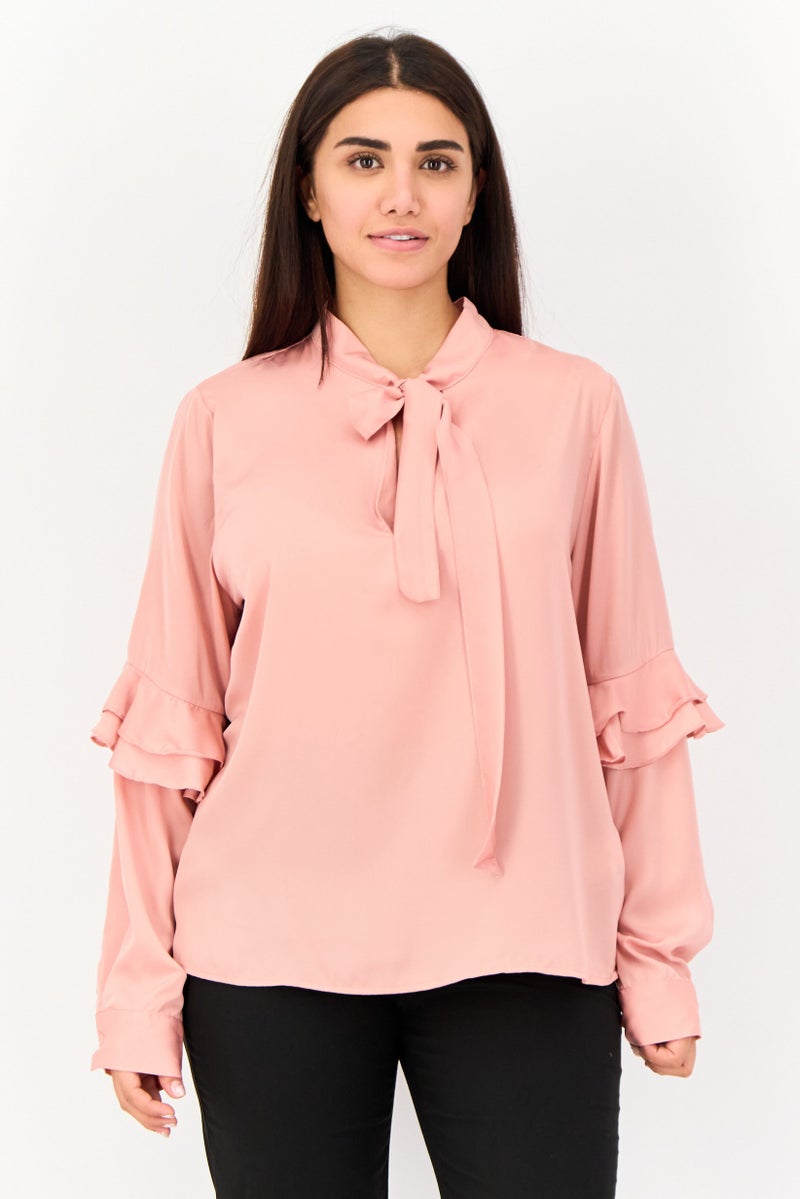 KOTON بلوزة نسائية بأكمام طويلة ورقبة مربوطة، وردي - Image 1