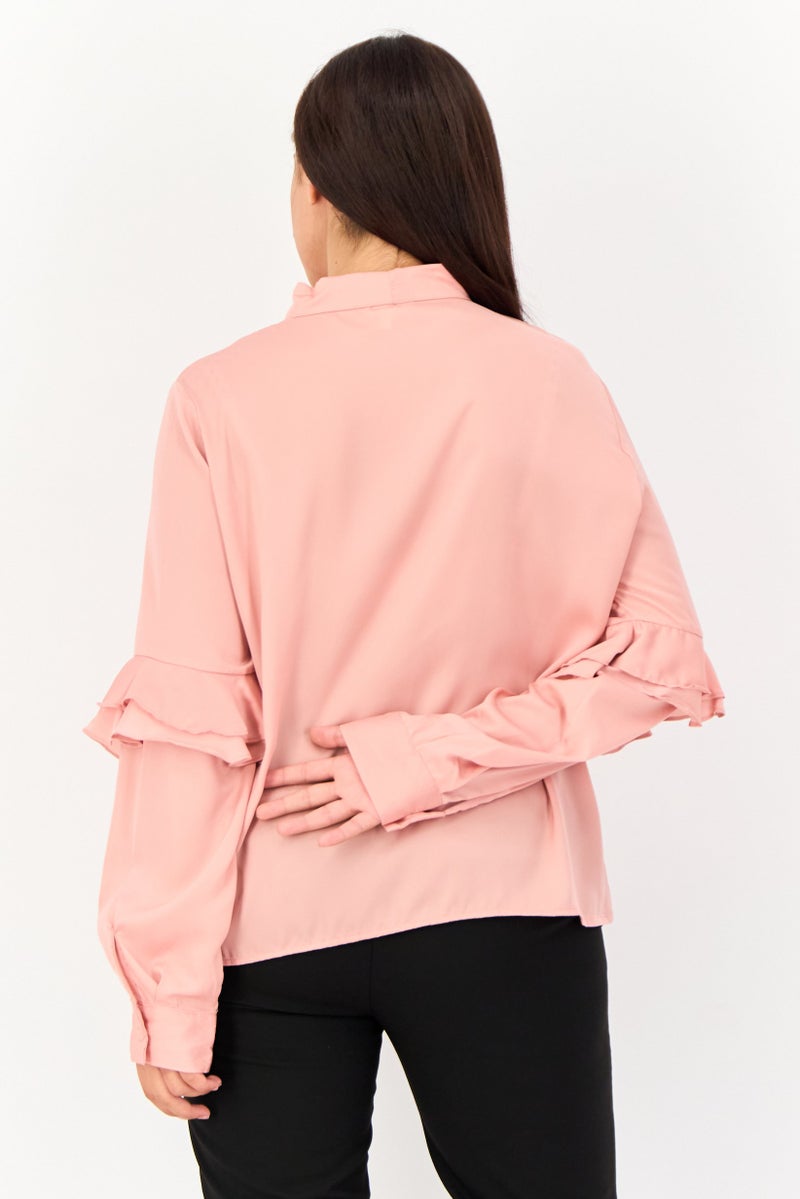 KOTON بلوزة نسائية بأكمام طويلة ورقبة مربوطة، وردي - Image 2