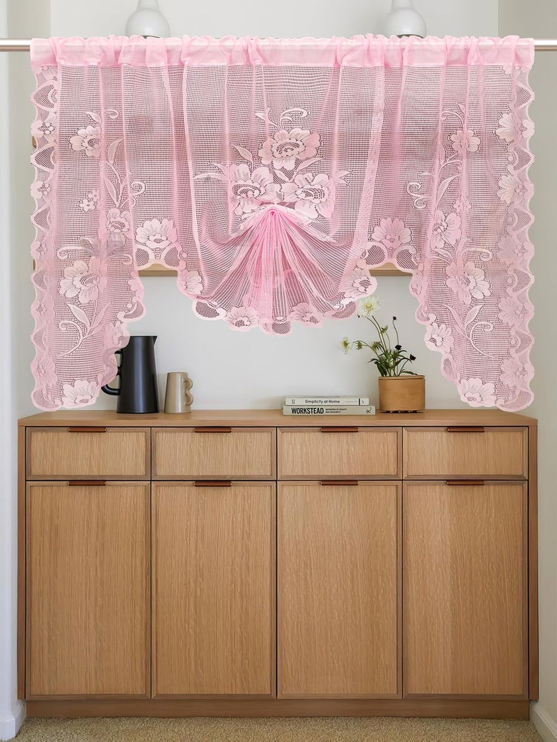 Jayla Pink Semi-Sheer Floral Lace Curtain Swag for Kitchen Half Window Bathroom Decoration Rod Pocket,59 x 39 Inch, 1 Panel - Image 2