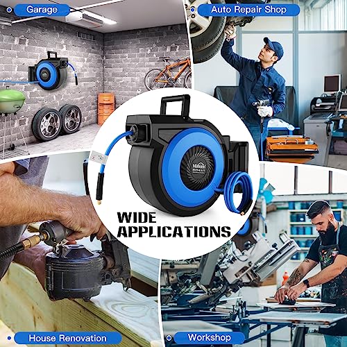 Himimi 80FT + 6.5FT Retractable Air Hose Reel, Wall Mount Pneumatic Hose Reel for Garage Workshop, Automatic Rewind, 3/8" x 80' Hybrid Air Hose with Brass Fittings + Bend Restrictors, 300PSI - Image 2
