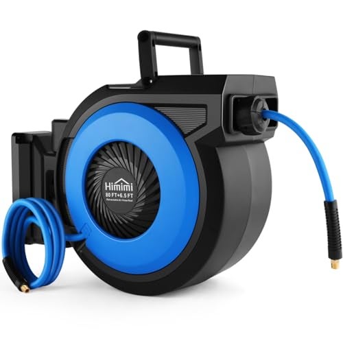 Himimi 80FT + 6.5FT Retractable Air Hose Reel, Wall Mount Pneumatic Hose Reel for Garage Workshop, Automatic Rewind, 3/8" x 80' Hybrid Air Hose with Brass Fittings + Bend Restrictors, 300PSI - Image 1