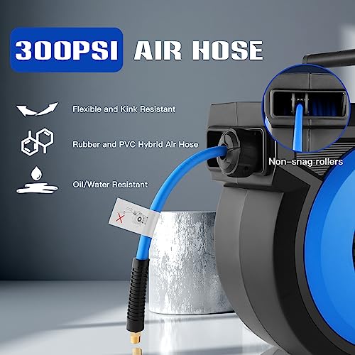 Himimi 80FT + 6.5FT Retractable Air Hose Reel, Wall Mount Pneumatic Hose Reel for Garage Workshop, Automatic Rewind, 3/8" x 80' Hybrid Air Hose with Brass Fittings + Bend Restrictors, 300PSI - Image 4