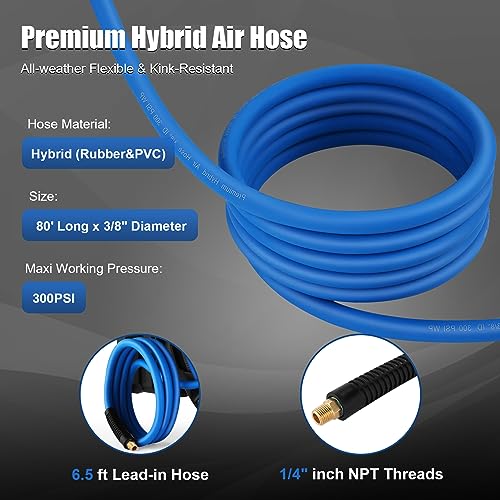 Himimi 80FT + 6.5FT Retractable Air Hose Reel, Wall Mount Pneumatic Hose Reel for Garage Workshop, Automatic Rewind, 3/8" x 80' Hybrid Air Hose with Brass Fittings + Bend Restrictors, 300PSI - Image 5