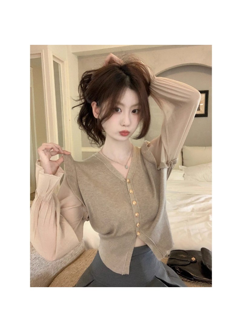 Generic - Fashionable V-neck Long Sleeve Knitted Sweater Womens Single Button Design Autumn 2023 Polyester Blend Comfortable Commute Style Khaki - Image 1