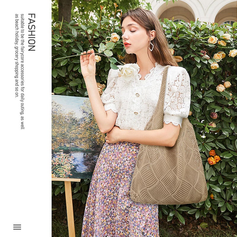 hatisan Crochet Bags for Women Summer Beach Tote Bag Aesthetic Tote Bag Hippie Bag Knit Bag (A-Khaki) - Image 3