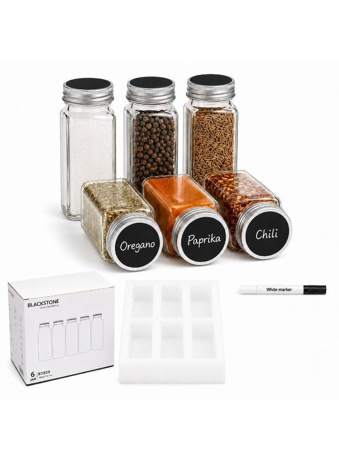 BLACKSTONE Glass Spice Bottle Set, 6-Piece 100 ml Square Airtight Spice Jars With Silver Lids and White Marker Pen, Seasoning Containers, BS850 - Image 1
