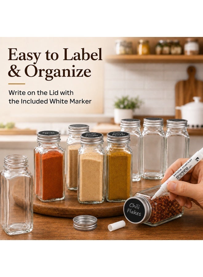 BLACKSTONE Glass Spice Bottle Set, 6-Piece 100 ml Square Airtight Spice Jars With Silver Lids and White Marker Pen, Seasoning Containers, BS850 - Image 3