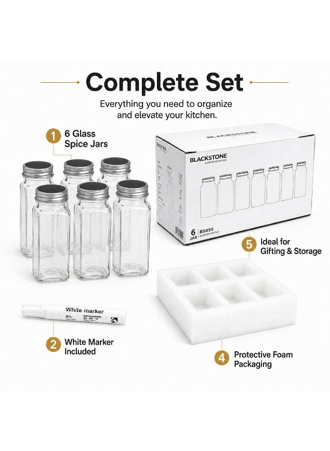 BLACKSTONE Glass Spice Bottle Set, 6-Piece 100 ml Square Airtight Spice Jars With Silver Lids and White Marker Pen, Seasoning Containers, BS850 - Image 2