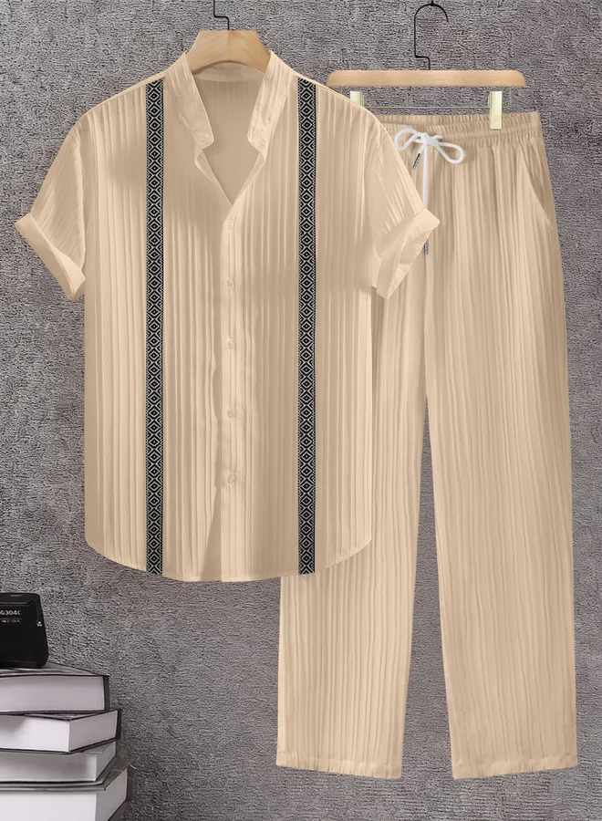 Take Two Men Nude Jacquard Stand Collar Short Sleeve Button Front Shirt and Pants Co-Ords