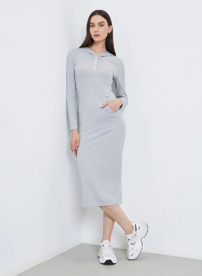 Take Two Take Two Solid Hooded Long Sleeve Midi Dress