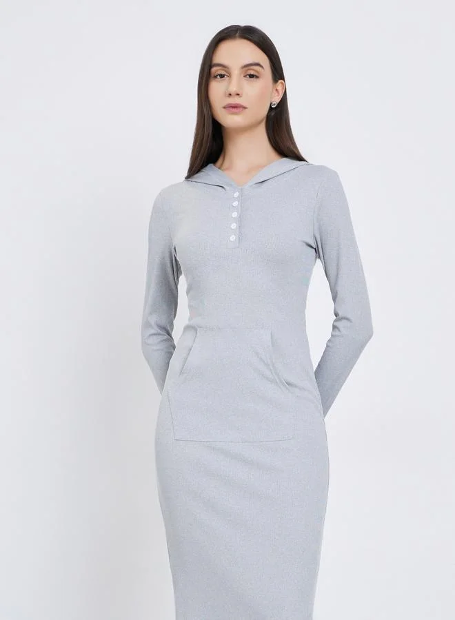 Take Two Take Two Solid Hooded Long Sleeve Midi Dress