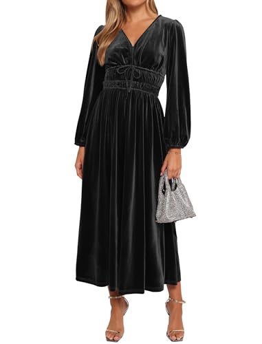 ZAFUL Womens Long Sleeve Velvet Dress 2025 Fall V Neck Holiday Cocktail Party Semi Formal Midi Dresses for Wedding Guest, Black, Medium - Image 2
