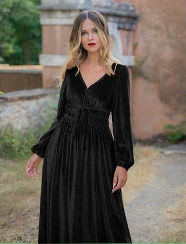 ZAFUL Womens Long Sleeve Velvet Dress 2025 Fall V Neck Holiday Cocktail Party Semi Formal Midi Dresses for Wedding Guest, Black, Medium - Image 3