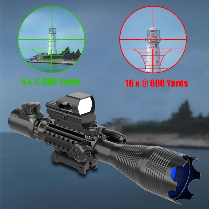 UUQ 4-16x50 Tactical Rifle Scope Red/Green Illuminated Range Finder Reticle W/Laser Sight and Holographic Reflex Dot Sight - Image 3