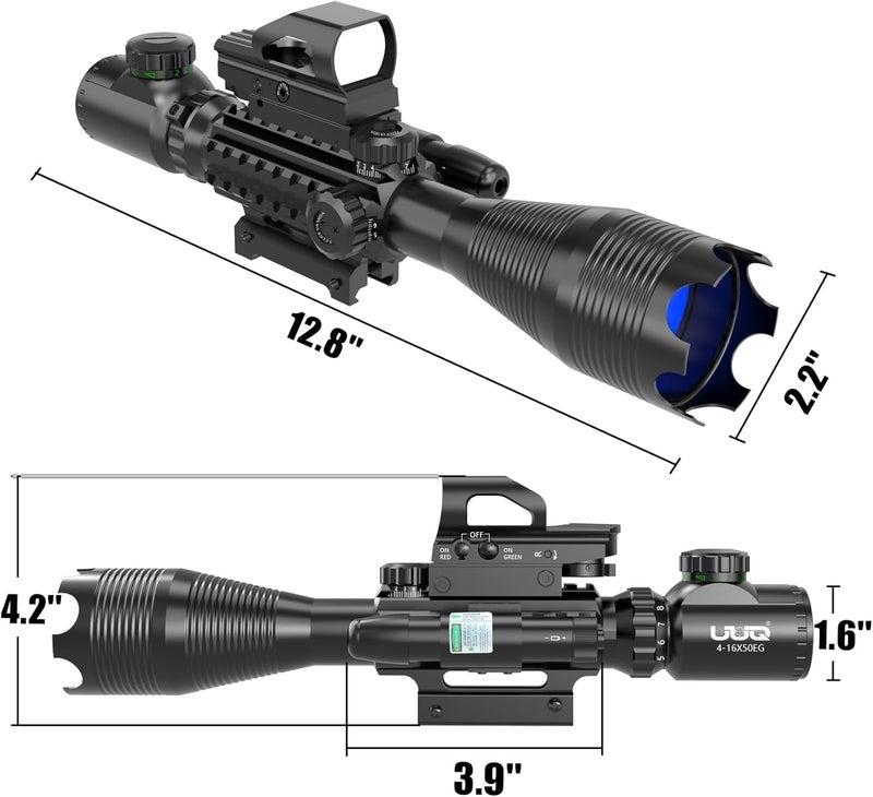 UUQ 4-16x50 Tactical Rifle Scope Red/Green Illuminated Range Finder Reticle W/Laser Sight and Holographic Reflex Dot Sight - Image 4
