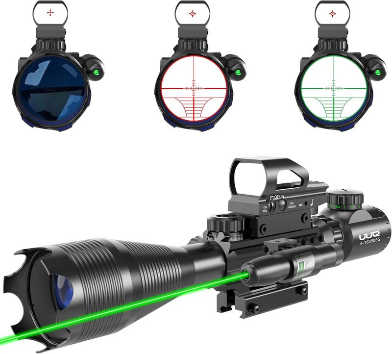 UUQ 4-16x50 Tactical Rifle Scope Red/Green Illuminated Range Finder Reticle W/Laser Sight and Holographic Reflex Dot Sight - Image 1