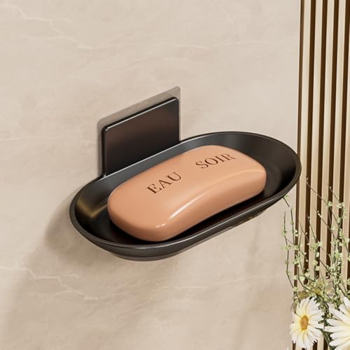Tenom Soap Stand for Bathroom Wall Mounted, Space Aluminum Soap Holder for Bathroom Stickable, Rustproof Soap Dish, Durable Soap Box with Drain Tray (1, Black) - Image 1