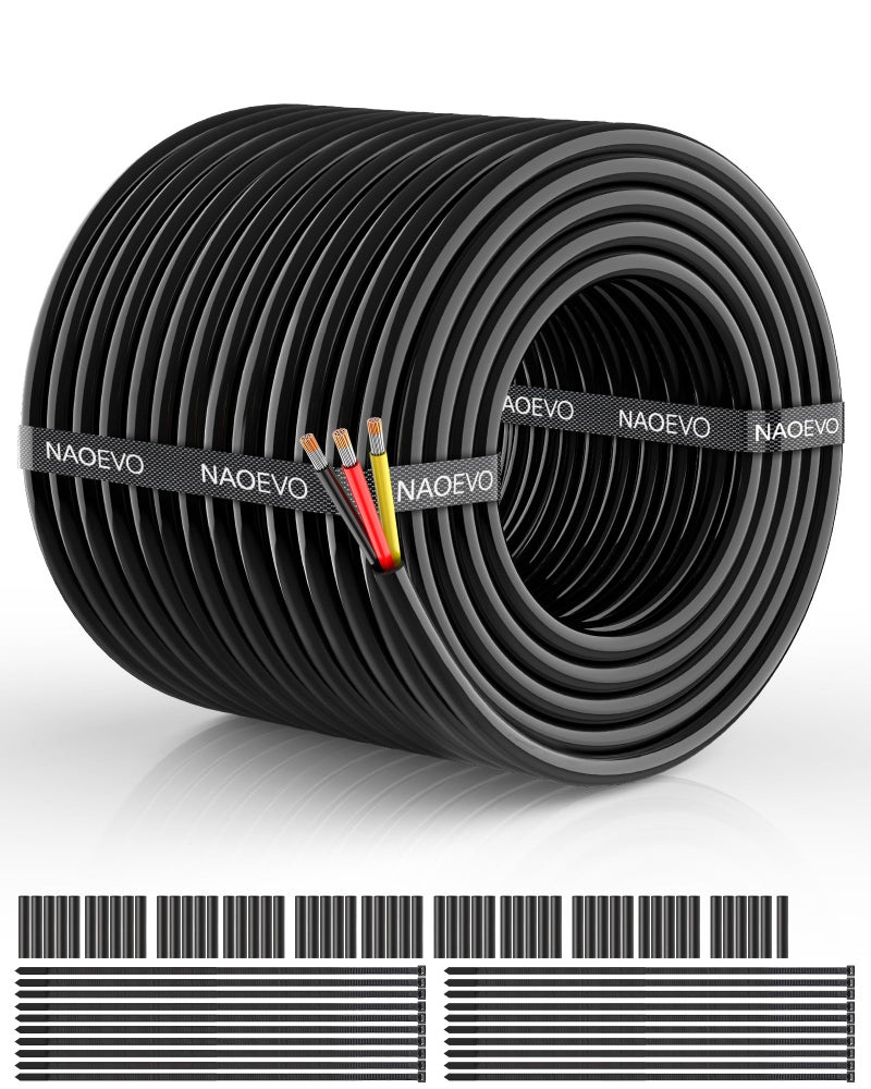 NAOEVO 18 Gauge Wire 3 Conductor Electrical Wire, 18 AWG Stranded PVC Cord, 12V Low Voltage/Tinned Copper/Flexible Cable for Automotive Wiring, Lamp Cord, Marine Cable (100FT) - Image 1