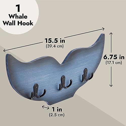 Okuna Outpost Whale Wall Hook - 15.5 x 6.75 x 1 in, Blue Nautical Wood - Coastal Room Decor & Ocean Decor - Whale Towel Hook with Double Hangers for Towels, Coats & Keys - Image 3