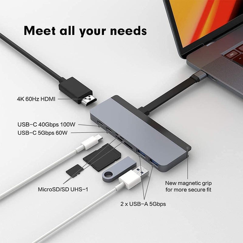 HyperDrive Duo 7-in-2 MacBook USB C Hub â€” for Mac w/Dual Ports, 4K60Hz HDMI, 40Gbps USB-C 100W Power Delivery, USB-A, SD/MicroSD, Magnetic Mount â€” (Space Gray) - Image 5
