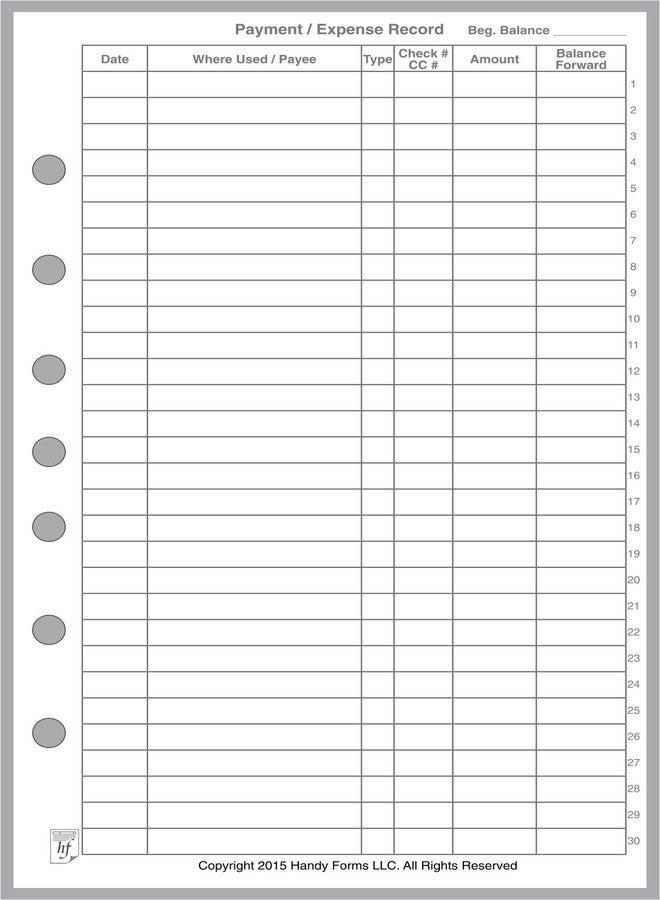 Handy Forms Classic Size Payment/Expense Record and Check Register, Sized and Punched with 7 Holes for 7-Ring Notebooks Such as Franklin, etc. (5.5" x 8.5") - Image 1