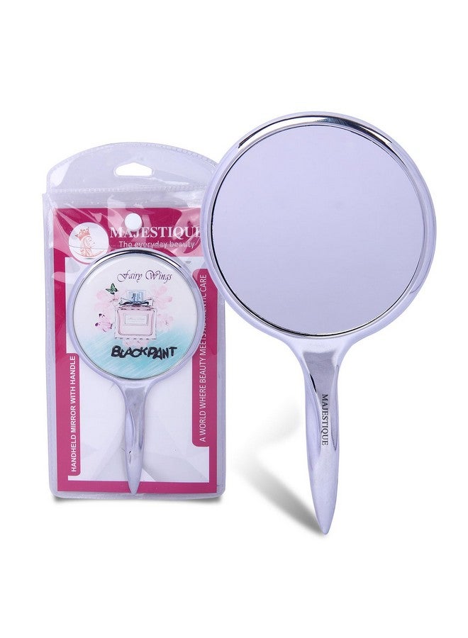 MAJESTIQUE Round Shape Clear Glass Handy Mirror - Medium Size Hand Mirror (14.2 x 7.8 Cm) for Travel, Bathroom, Desk, Makeup, Beauty, Grooming, Shavin for Girls Women and Men (Silver) - Image 1
