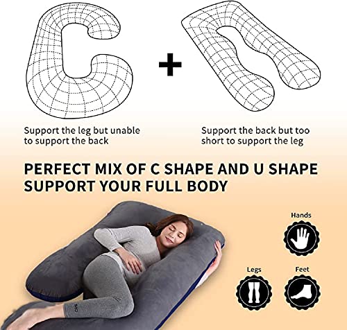 DADDY COOL Body Support J-Shaped Pregnancy Pillow for Maternity & Baby Nursing | Pregnant Women Stomach, Hip, Spine, Neck & Support Cushion Velvet Outer Reversible Cover with Zip (Grey, Dark Blue) - Image 5