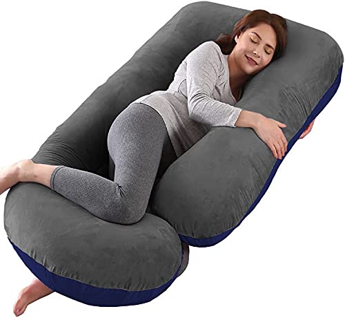 DADDY COOL Body Support J-Shaped Pregnancy Pillow for Maternity & Baby Nursing | Pregnant Women Stomach, Hip, Spine, Neck & Support Cushion Velvet Outer Reversible Cover with Zip (Grey, Dark Blue) - Image 1