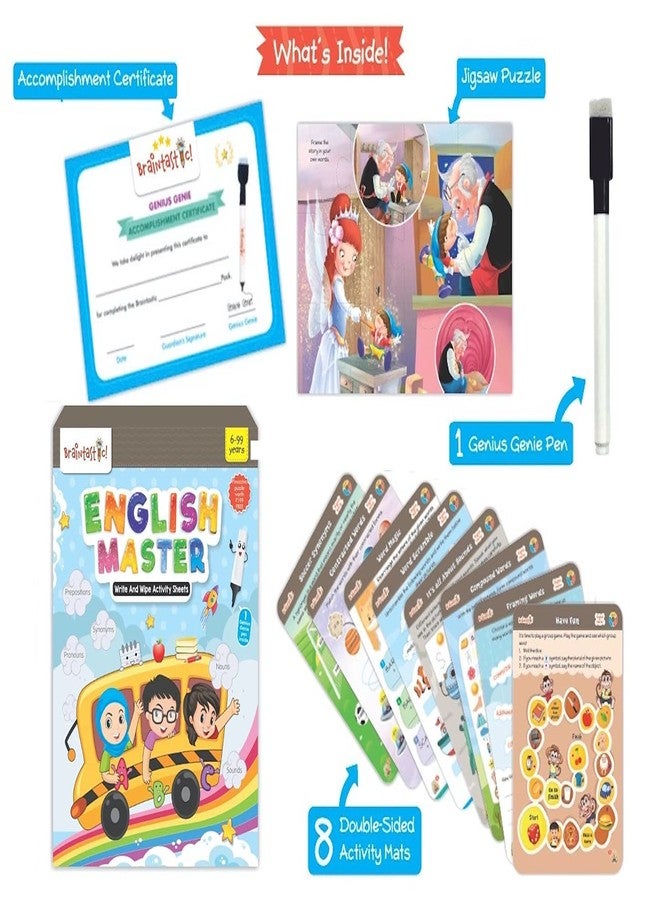 Braintastic Educational Game: English Master (6-99 Years) / Write & Wipe Reusable Activity Sheets/Kids Toy/Free Puzzle - Image 3