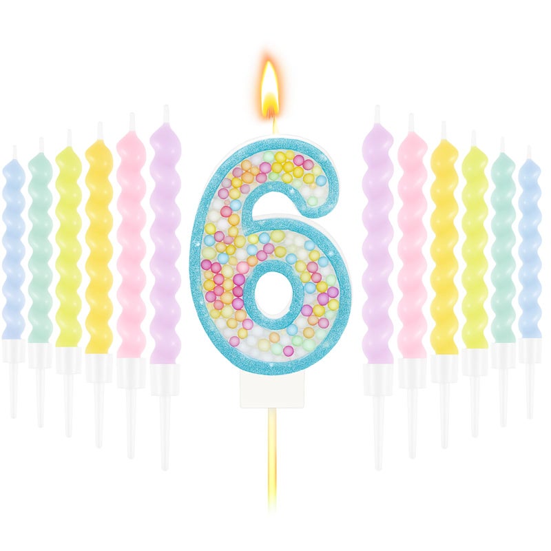 ميتلي شمعة عيد ميلاد MTLEE على شكل ماكارون لامعة ثلاثية الأبعاد على شكل رقم مع 12 شمعة حلزونية بألوان قوس قزح في حوامل لتزيين كعكة عيد ميلاد فتاة أو ولد، أو لحفلات الزفاف والذكرى السنوية، أو كزينة حفلات ذات طابع حلو باستيل (أزرق، رقم 6). - Image 1