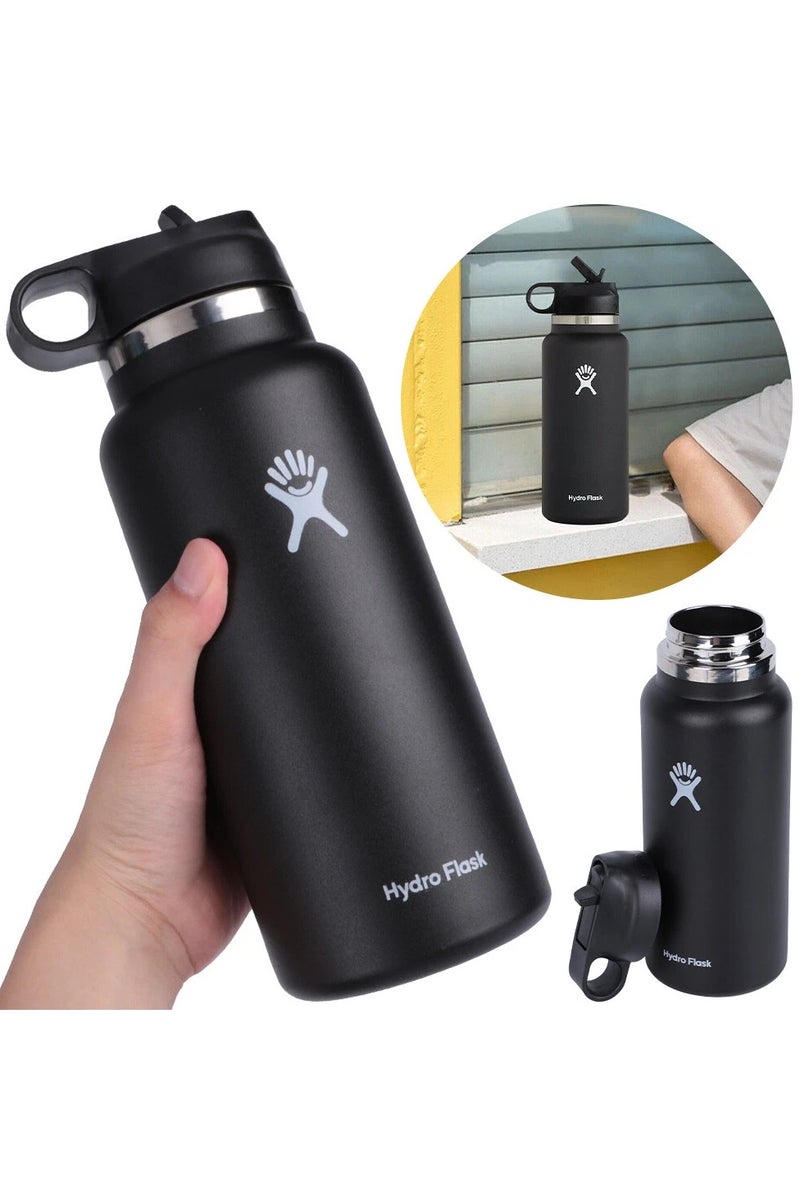 Hydro Flask Stainless Steel Vacuum Insulated Water Bottle With Straw Lid Outdoors Gym Sports Water Bottle (946ml/32oz) - Black - Image 2