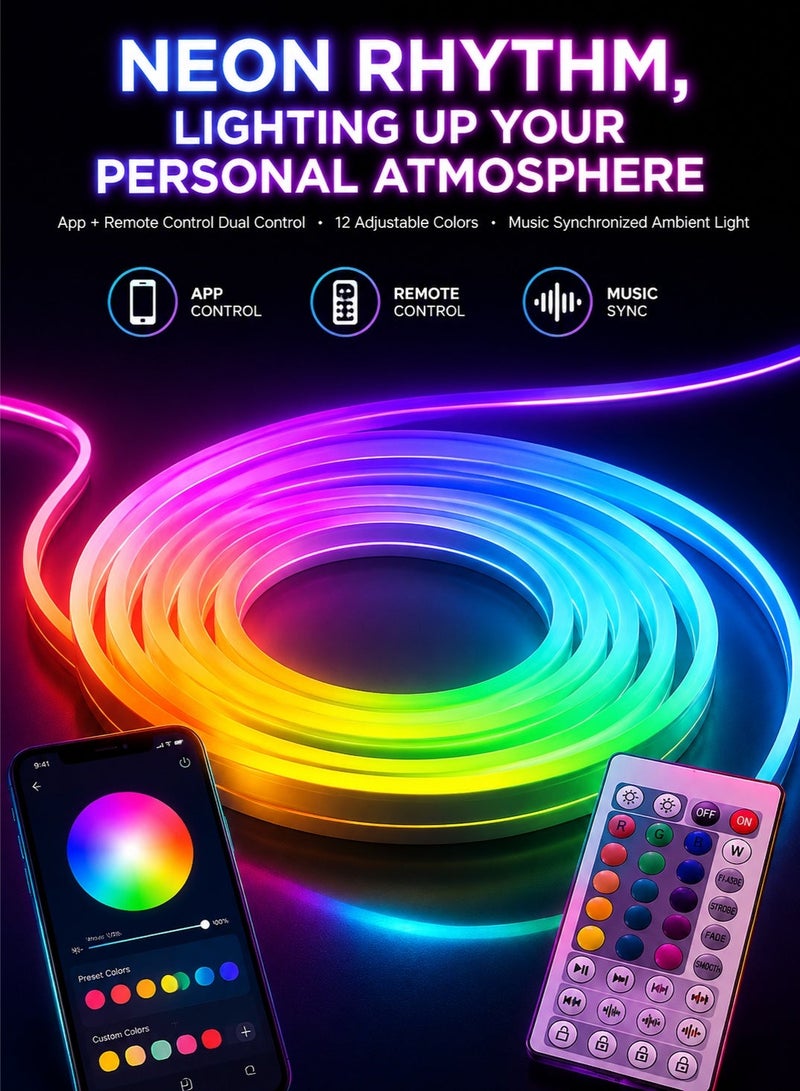 Woofixer 5 Meter Neon LED Strip Light , RGB Light Strip, Music Sync, App & Remote Control, Smart Home LED Lights, Flexible Neon Rope For Diy Home Decor, Gaming Room, Bedroom, Tv Backlight, Ramadan Decor - Image 1
