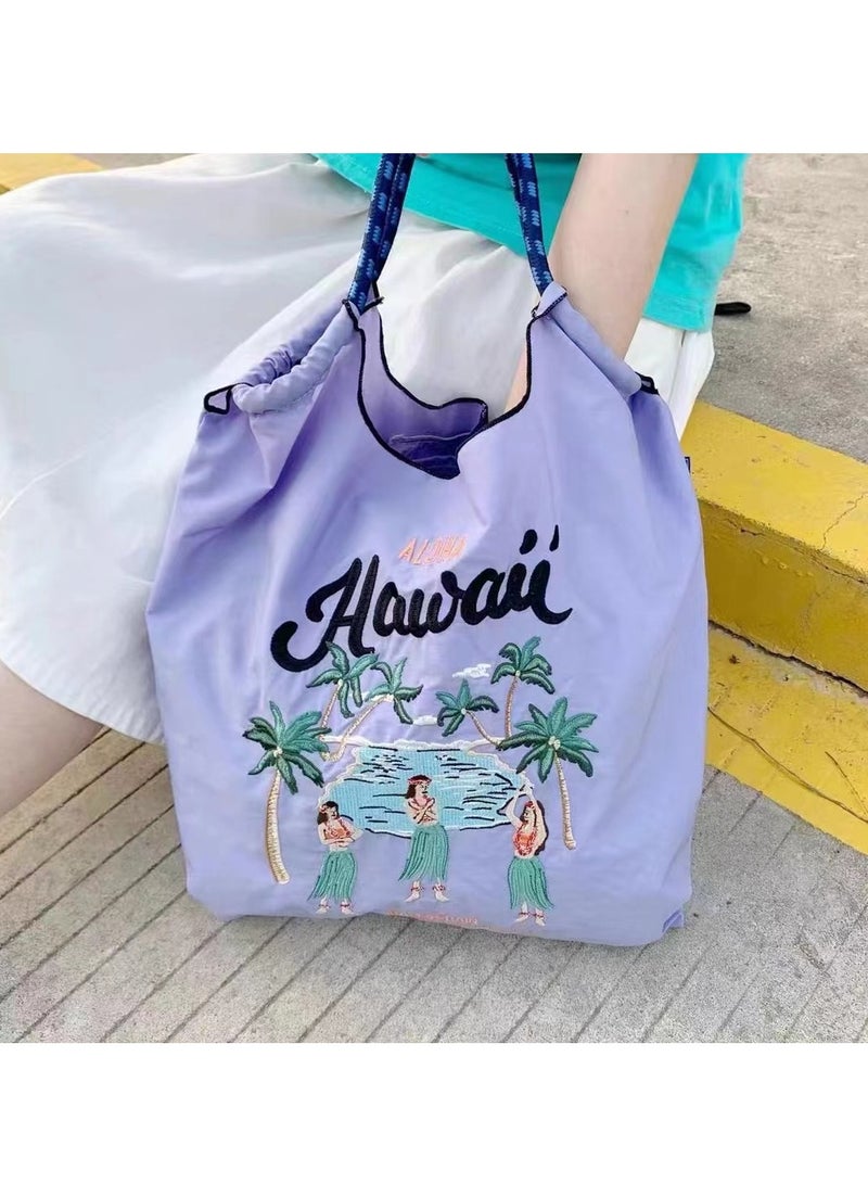 Women's Embroidered Ultimate Nylon Tote Bag - Purple Hawaiian - Perfect for on-site shopping, travel, birthdays, and the beach.  - Image 1