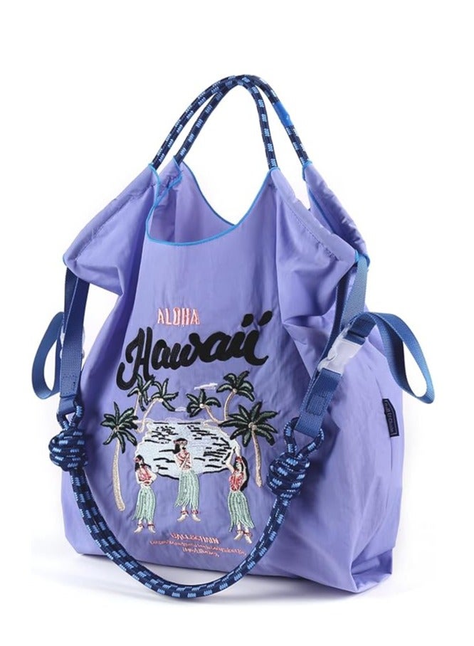 Women's Embroidered Ultimate Nylon Tote Bag - Purple Hawaiian - Perfect for on-site shopping, travel, birthdays, and the beach.  - Image 2