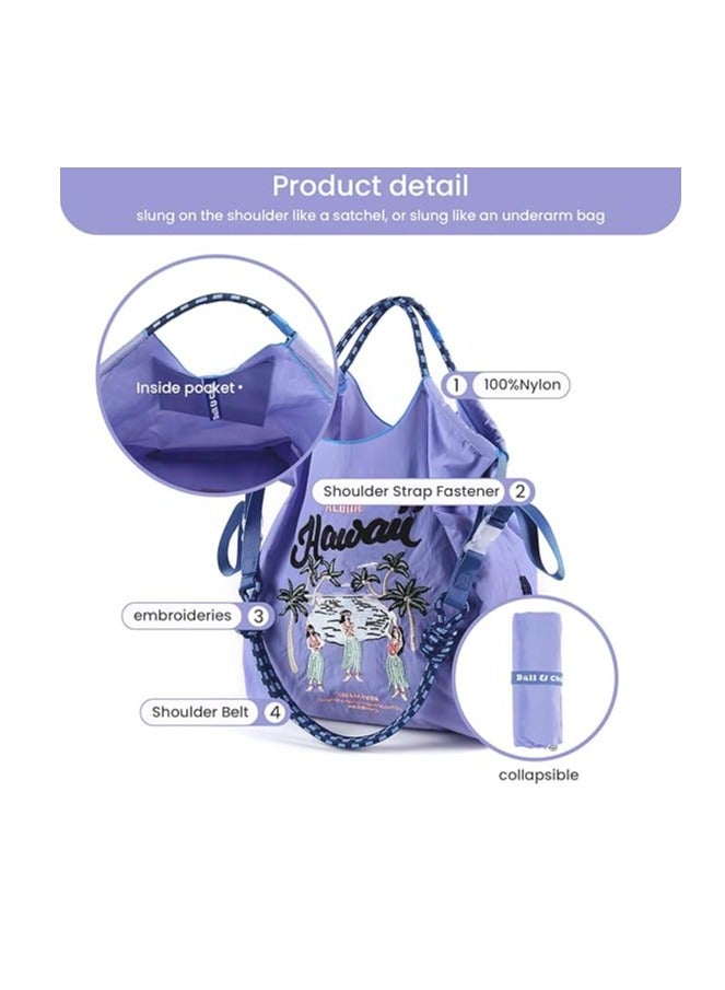 Women's Embroidered Ultimate Nylon Tote Bag - Purple Hawaiian - Perfect for on-site shopping, travel, birthdays, and the beach.  - Image 4