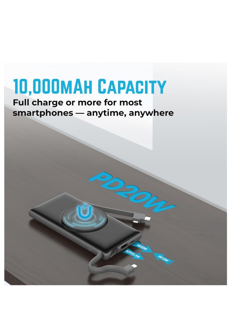 فوني Phoni 3-in-1 Magnetic Wireless Charger & 10000mAh Power Bank with Built-in USB-C, Micro USB Cables, Compatible with Lightning Devices, Apple, Samsung, Nothing, Honor & Oppo (Phantom Black) - Image 4