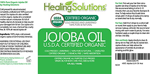Healing Solutions Oils Organic Jojoba Oil 4 oz Pure Cold Pressed 100 Natural Serum for Hair Skin Face Body Scalp Cuticle Nail Unrefined Moisturizing Acne Fighter Treatment 118 ml - Image 4